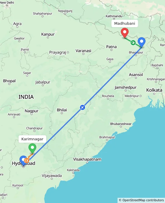 Route map showing distance and travel time from Karimnagar, India to Madhubani, India