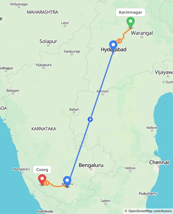 Route map showing distance and travel time from Karimnagar, India to Madikeri, India