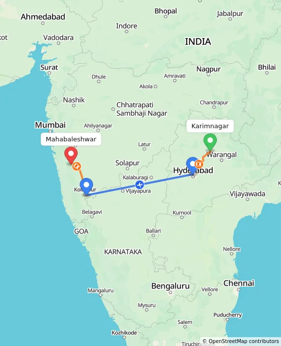 Route map showing distance and travel time from Karimnagar, India to Mahabaleshwar, India