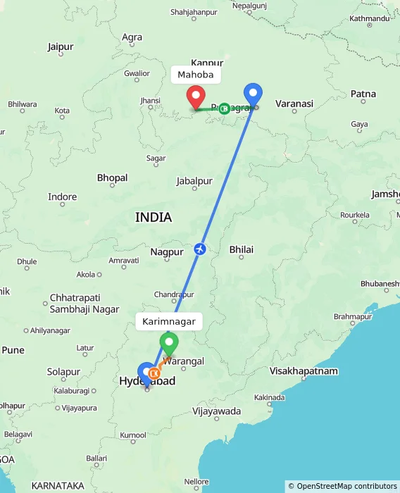 Route map showing distance and travel time from Karimnagar, India to Mahoba, India