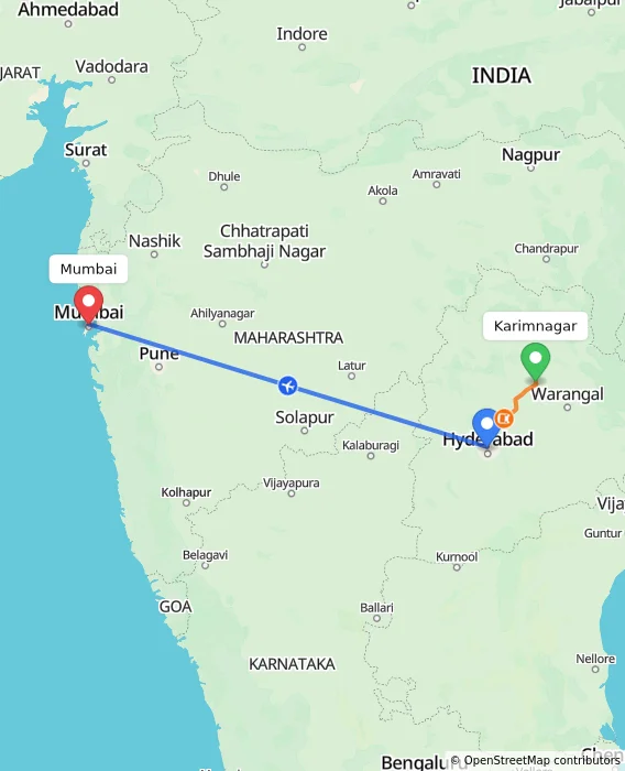 Route map showing distance and travel time from Karimnagar, India to Mumbai, India