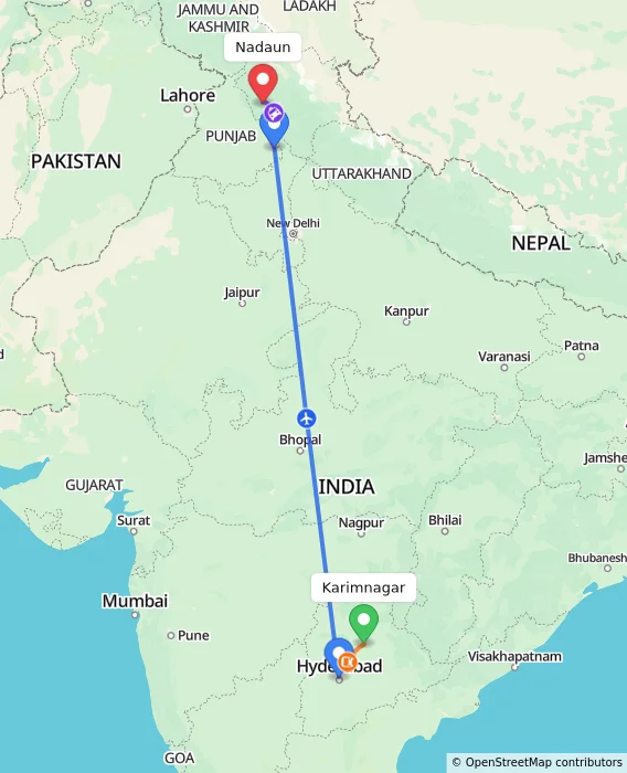 Route map showing distance and travel time from Karimnagar, India to Nadaun, India