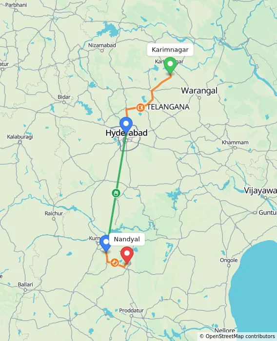 Route map showing distance and travel time from Karimnagar, India to Nandyal, India