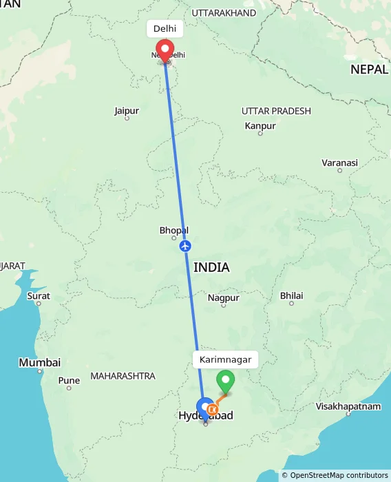 Route map showing distance and travel time from Karimnagar, India to Delhi, India