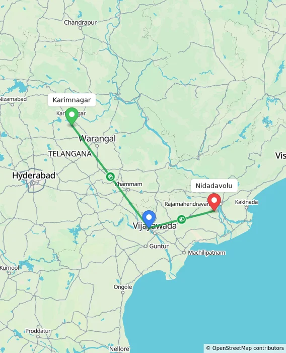 Route map showing distance and travel time from Karimnagar, India to Nidadavolu, India