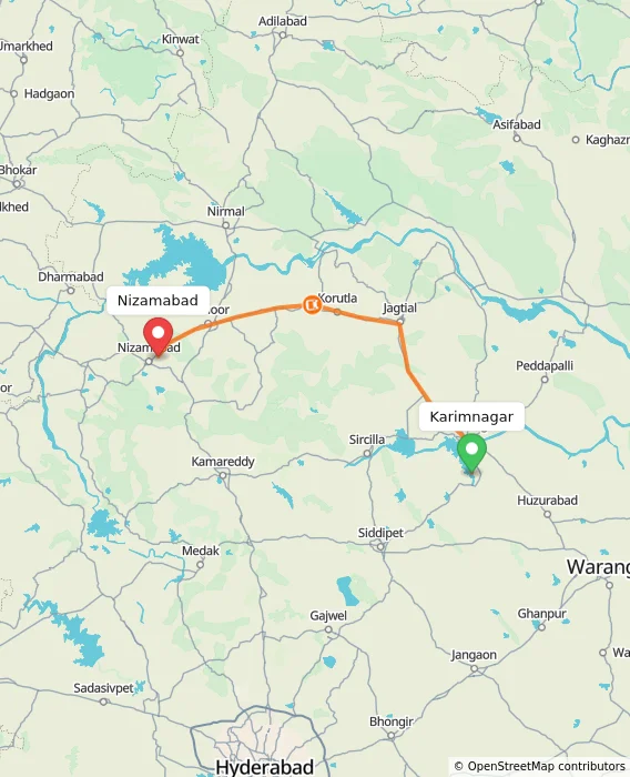 Route map showing distance and travel time from Karimnagar, India to Nizamabad, India