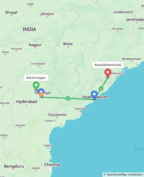 Route map showing distance and travel time from Karimnagar, India to Paralakhemundi, India