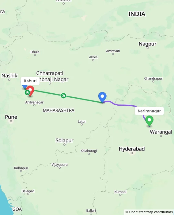 Route map showing distance and travel time from Karimnagar, India to Rahuri, India