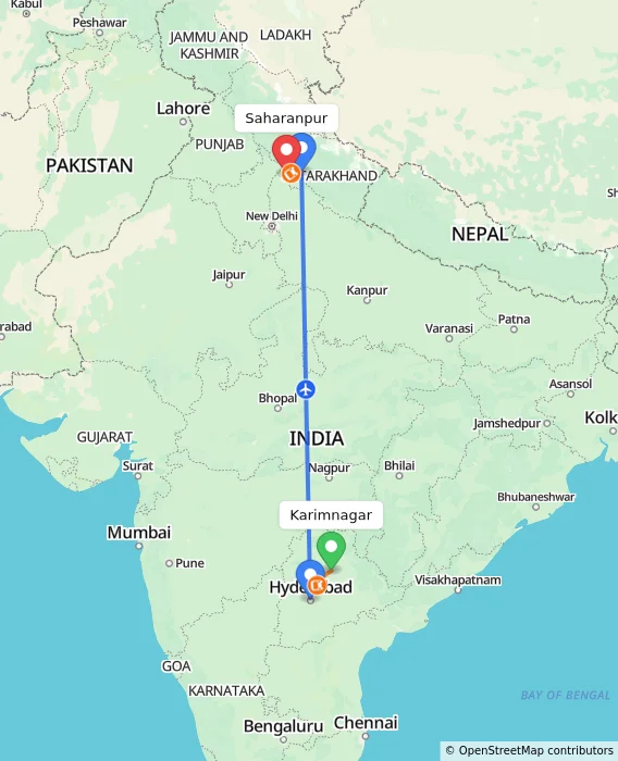 Route map showing distance and travel time from Karimnagar, India to Saharanpur, India