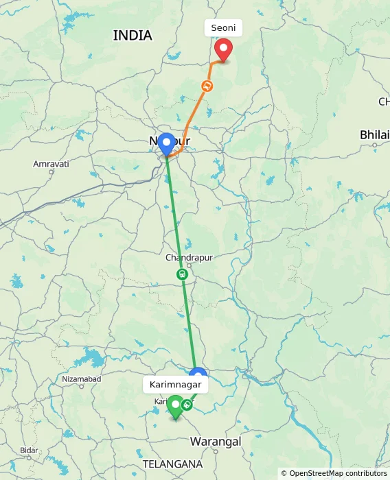 Route map showing distance and travel time from Karimnagar, India to Seoni, India