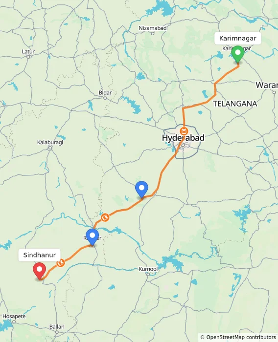 Route map showing distance and travel time from Karimnagar, India to Sindhanur, India