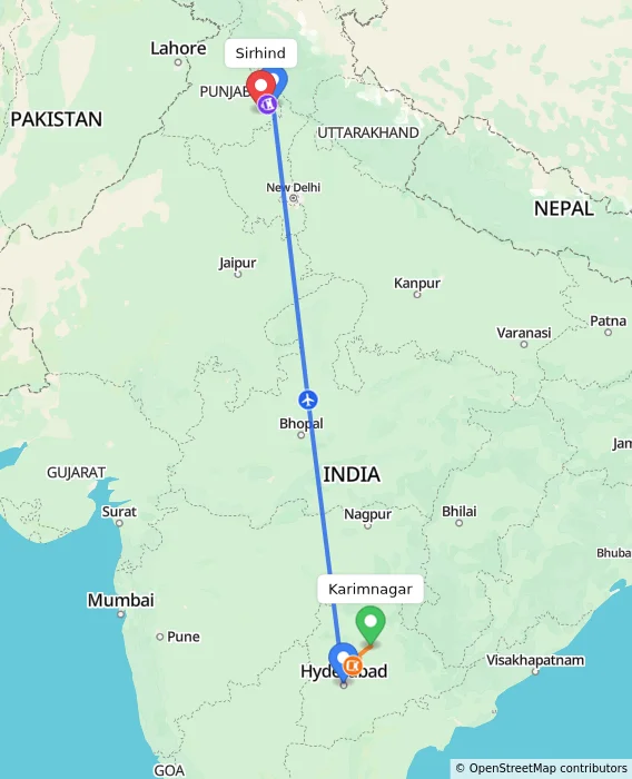 Route map showing distance and travel time from Karimnagar, India to Sirhind, India