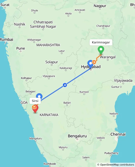 Route map showing distance and travel time from Karimnagar, India to Sirsi, India