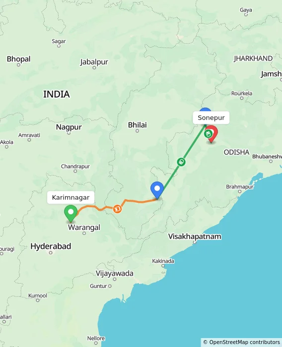 Route map showing distance and travel time from Karimnagar, India to Sonepur, India