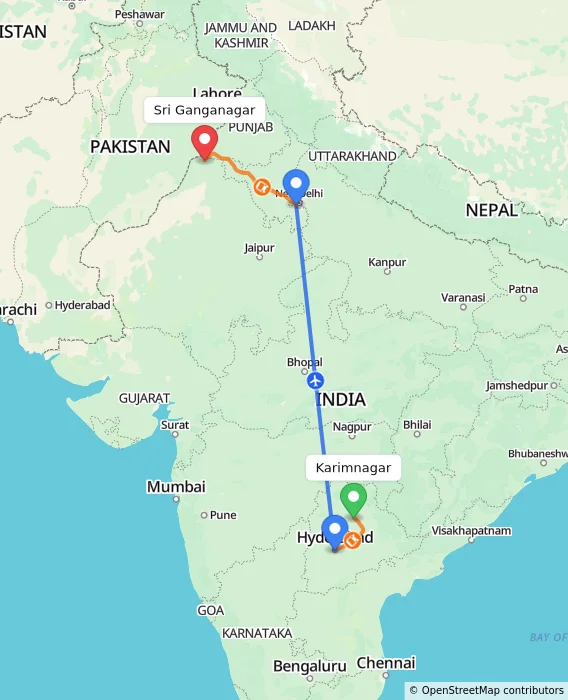 Route map showing distance and travel time from Karimnagar, India to Sri Ganganagar, India