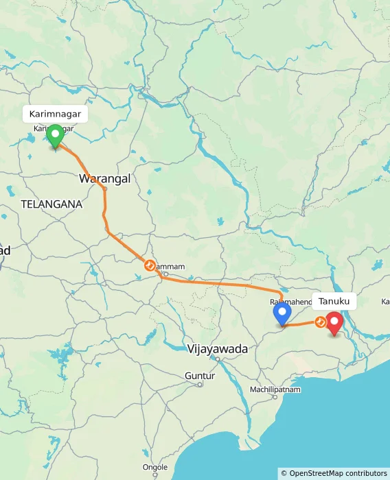 Route map showing distance and travel time from Karimnagar, India to Tanuku, India