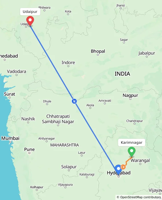 Route map showing distance and travel time from Karimnagar, India to Udaipur, India