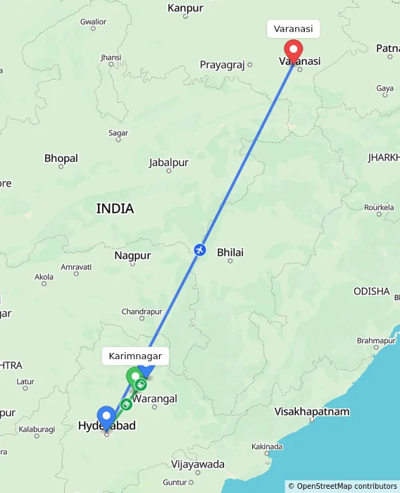 Route map showing distance and travel time from Karimnagar, India to Varanasi, India