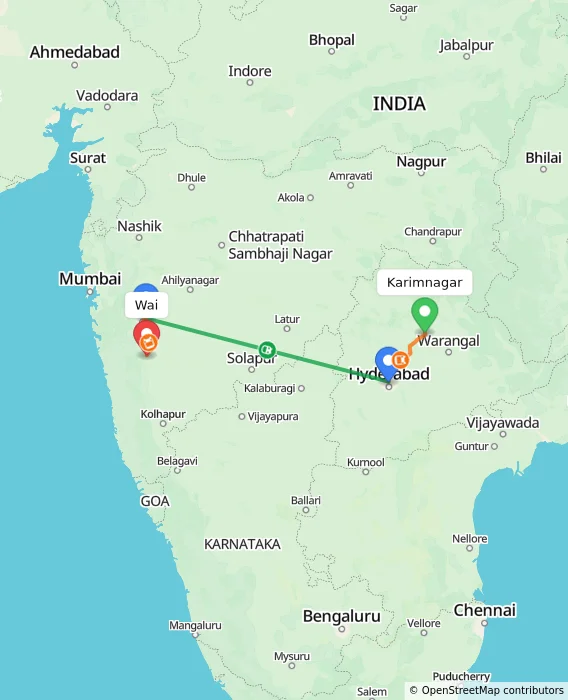 Route map showing distance and travel time from Karimnagar, India to Wai, India