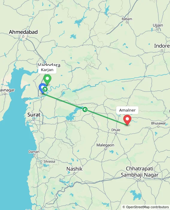 Route map showing distance and travel time from Karjan, India to Amalner, India