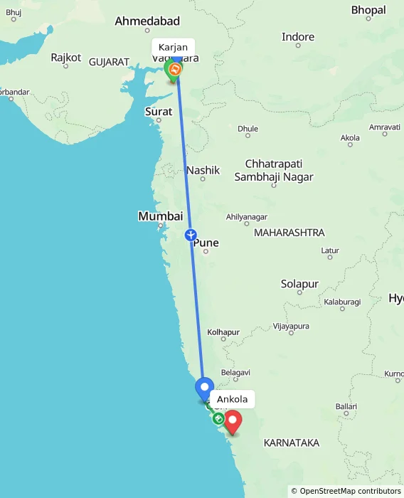 Route map showing distance and travel time from Karjan, India to Ankola, India