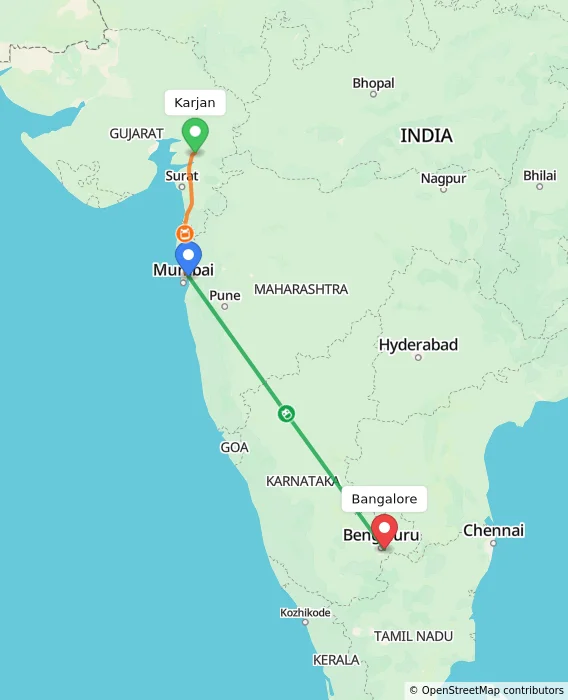 Route map showing distance and travel time from Karjan, India to Bangalore, India