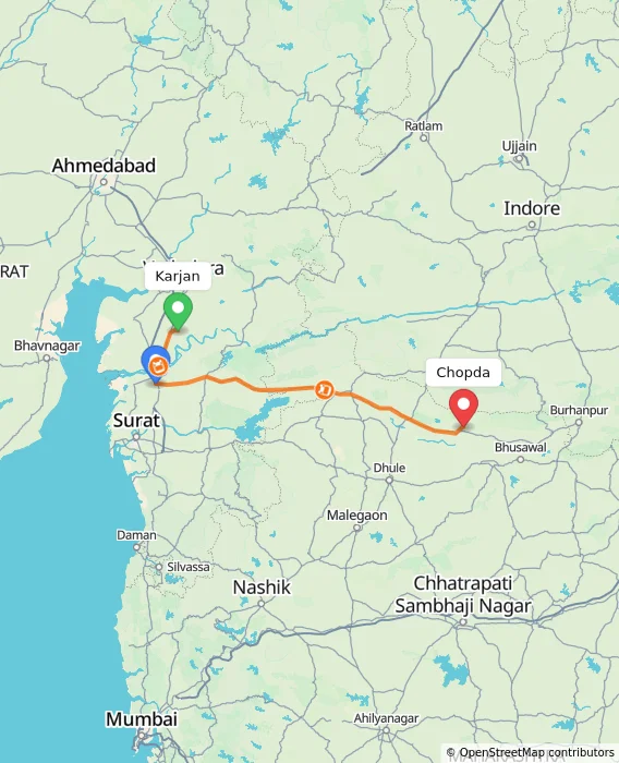 Route map showing distance and travel time from Karjan, India to Chopda, India