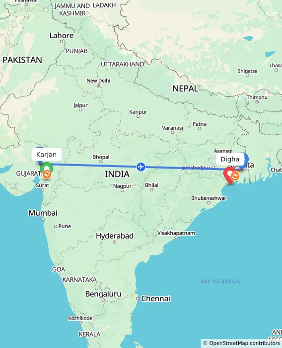 Route map showing distance and travel time from Karjan, India to Digha, India