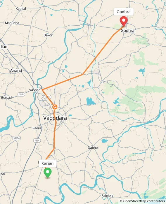 Route map showing distance and travel time from Karjan, India to Godhra, India