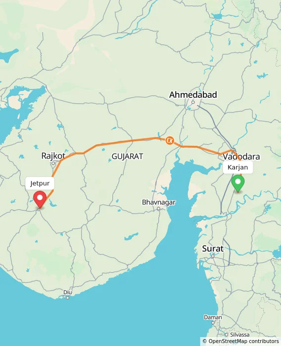 Route map showing distance and travel time from Karjan, India to Jetpur, India