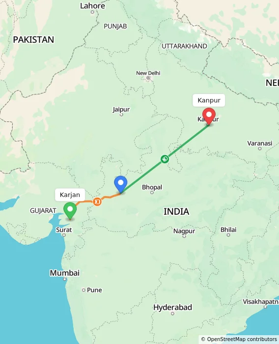 Route map showing distance and travel time from Karjan, India to Kanpur, India