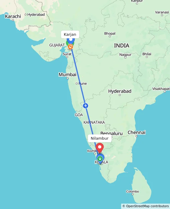 Route map showing distance and travel time from Karjan, India to Nilambur, India