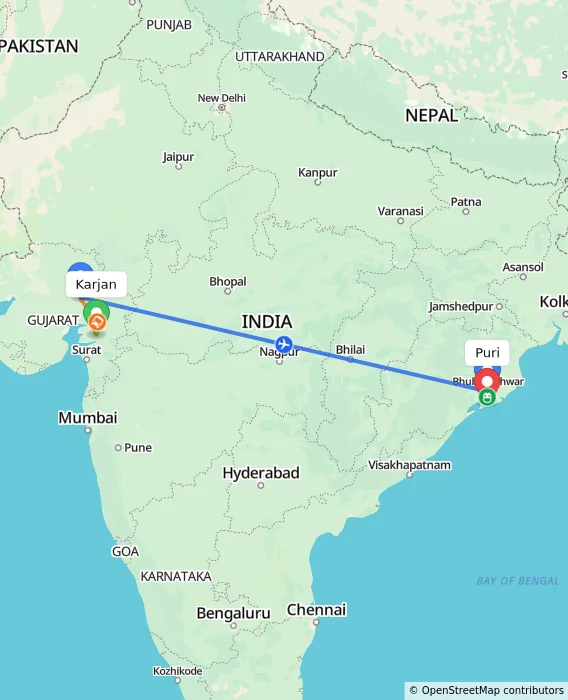 Route map showing distance and travel time from Karjan, India to Puri, India