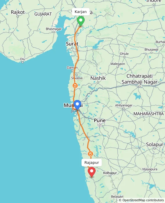 Route map showing distance and travel time from Karjan, India to Rajapur, India