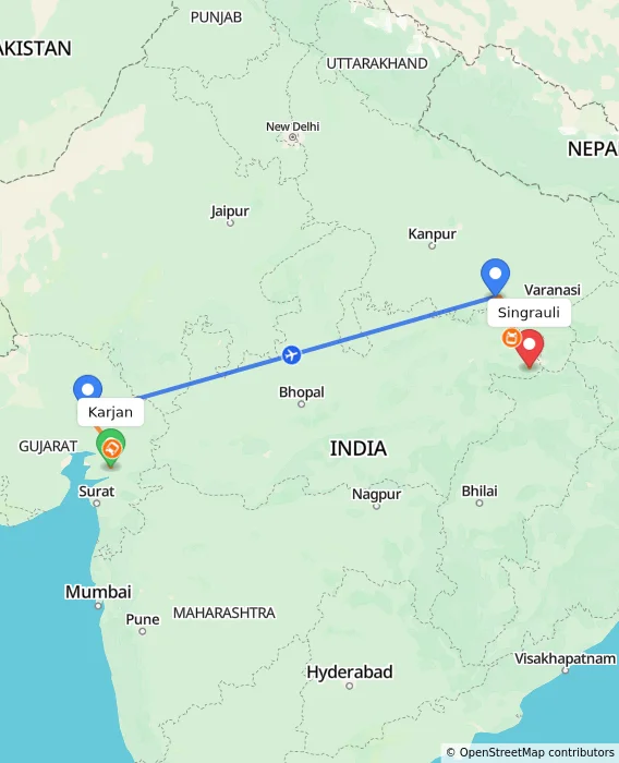 Route map showing distance and travel time from Karjan, India to Singrauli, India