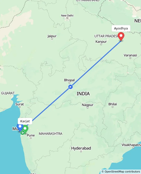 Route map showing distance and travel time from Karjat, India to Ayodhya, India