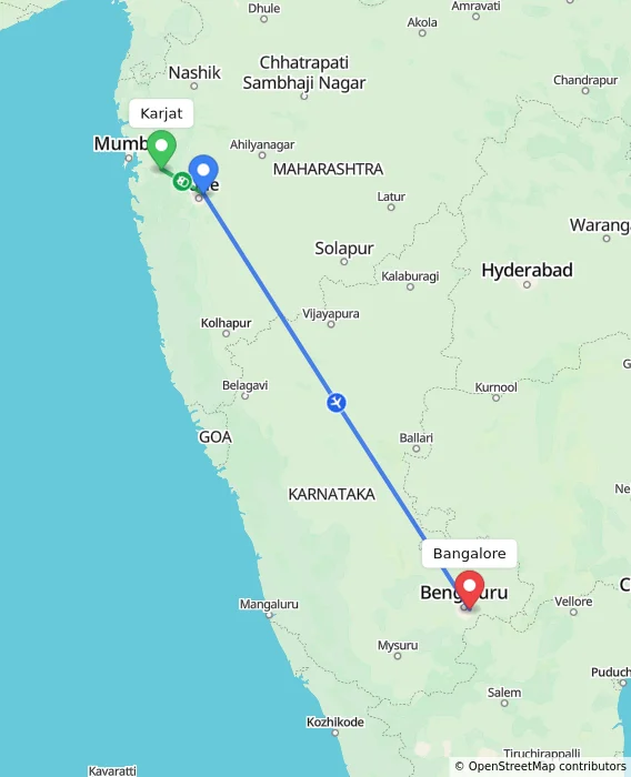 Route map showing distance and travel time from Karjat, India to Bangalore, India