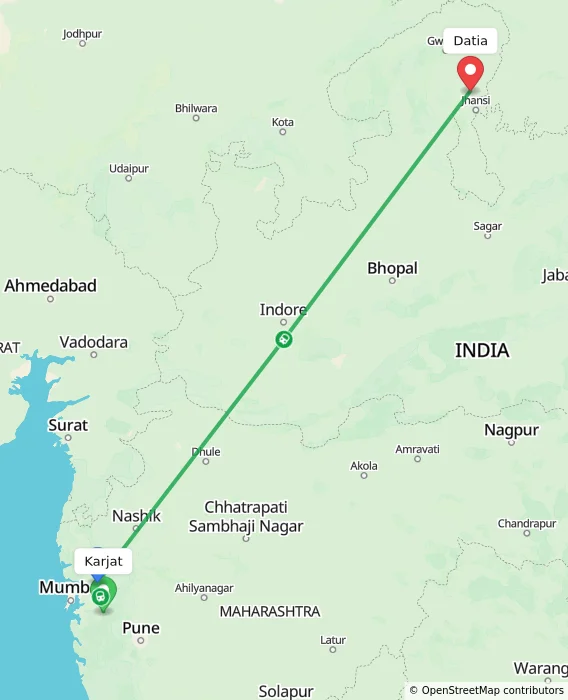 Route map showing distance and travel time from Karjat, India to Datia, India