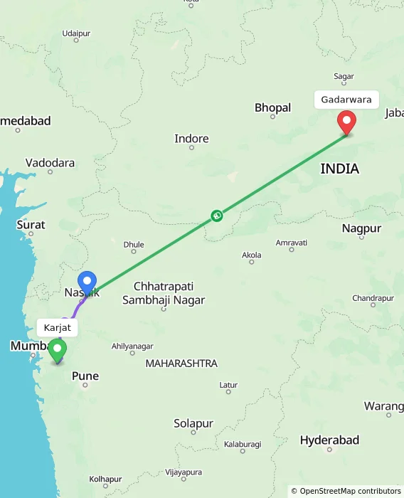 Route map showing distance and travel time from Karjat, India to Gadarwara, India
