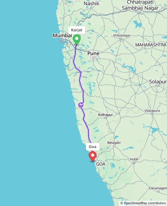 Route map showing distance and travel time from Karjat, India to Goa, India