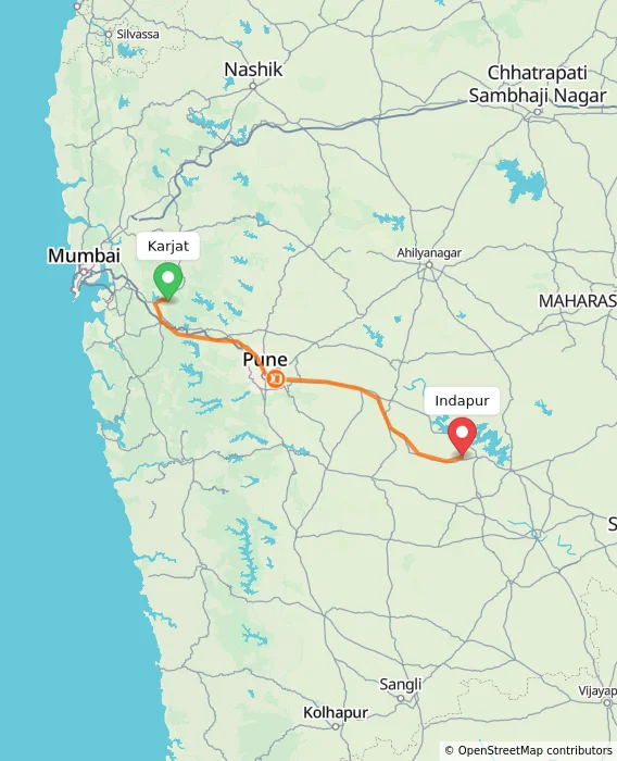 Route map showing distance and travel time from Karjat, India to Indapur, India