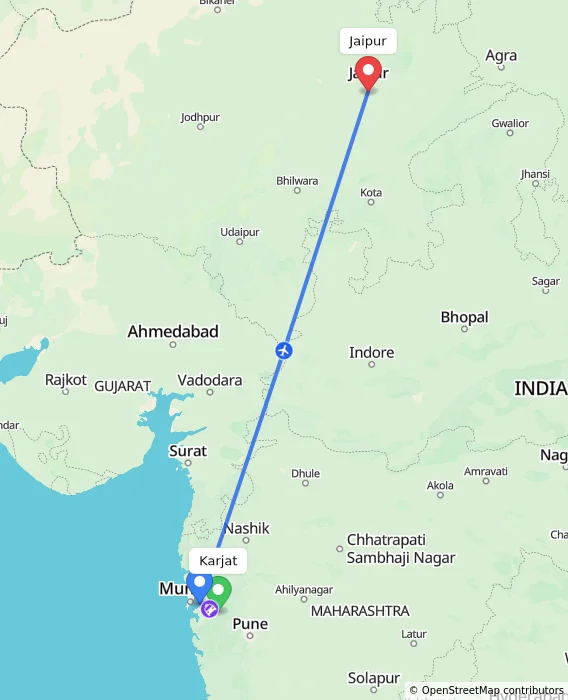 Route map showing distance and travel time from Karjat, India to Jaipur, India