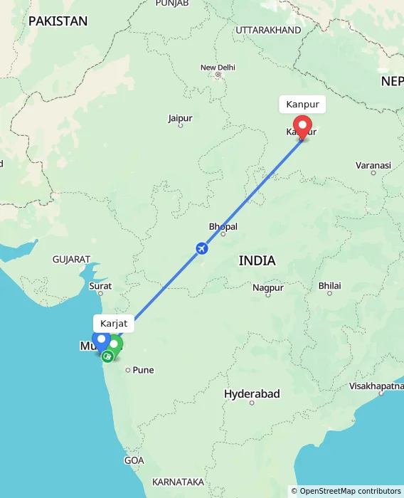 Route map showing distance and travel time from Karjat, India to Kanpur, India