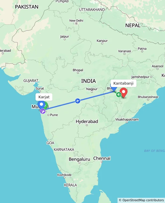 Route map showing distance and travel time from Karjat, India to Kantabanji, India