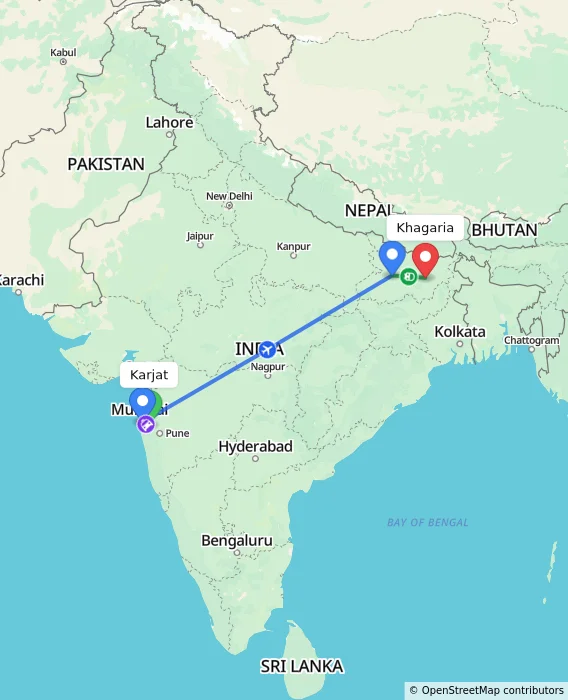 Route map showing distance and travel time from Karjat, India to Khagaria, India