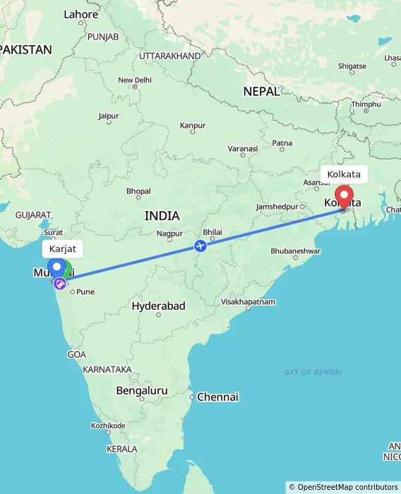 Route map showing distance and travel time from Karjat, India to Kolkata, India