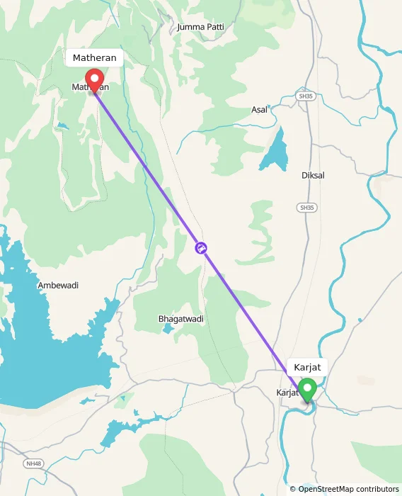 Route map showing distance and travel time from Karjat, India to Matheran, India