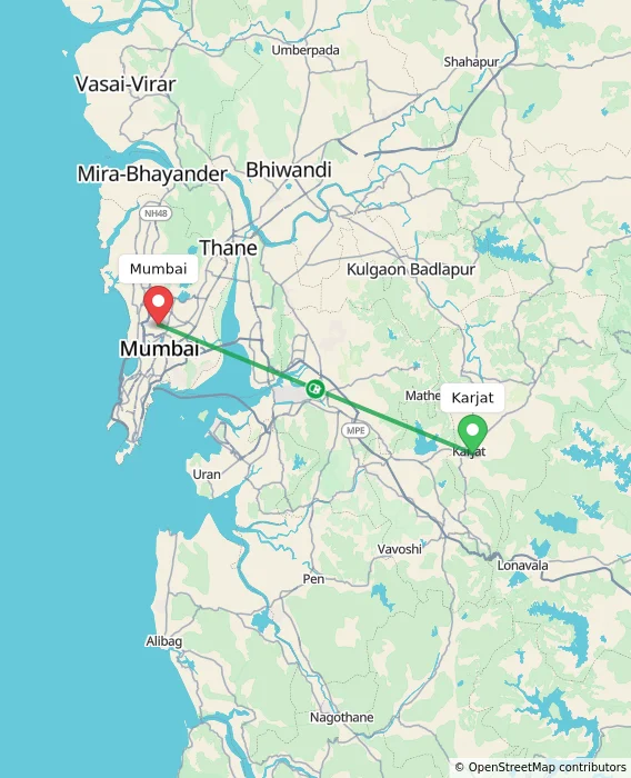 Route map showing distance and travel time from Karjat, India to Mumbai, India