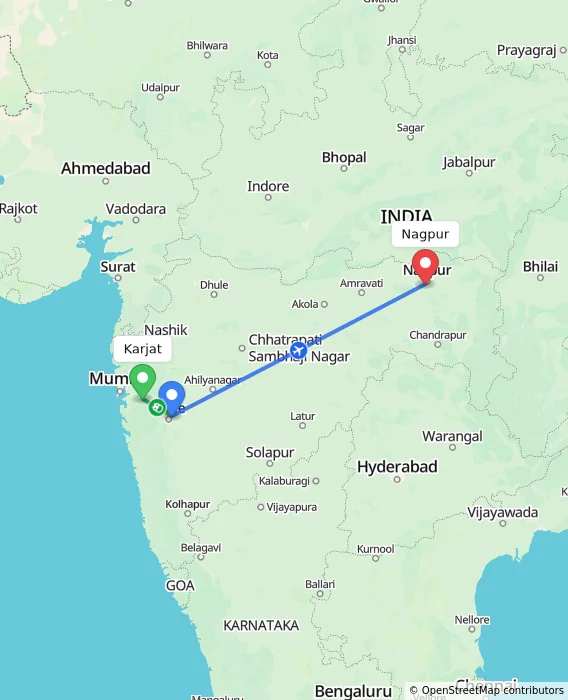 Route map showing distance and travel time from Karjat, India to Nagpur, India