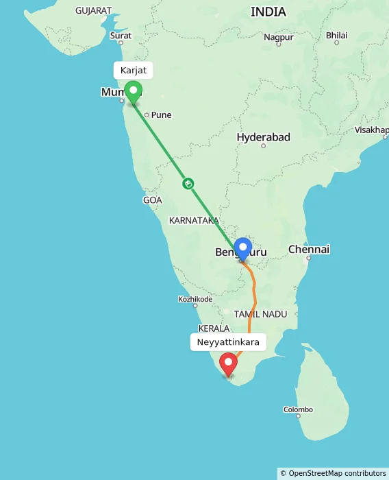 Route map showing distance and travel time from Karjat, India to Neyyattinkara, India